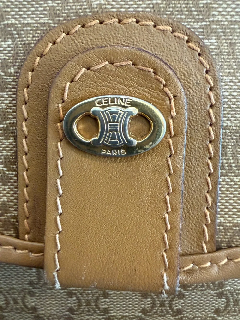 Celine Authentic Tan Macadam Crossbody Shoulder Bag w/Tan leather accent - Picture 11 of 15